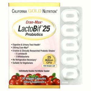 California Gold Nutrition, Lactobif, Cran-Max, пробиотики, 25 млрд КОЕ, 30 растительных капсул