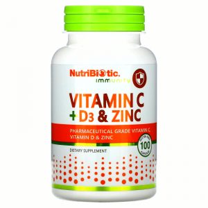 NutriBiotic, Immunity, витамины C + D3 и цинк, 100 капсул